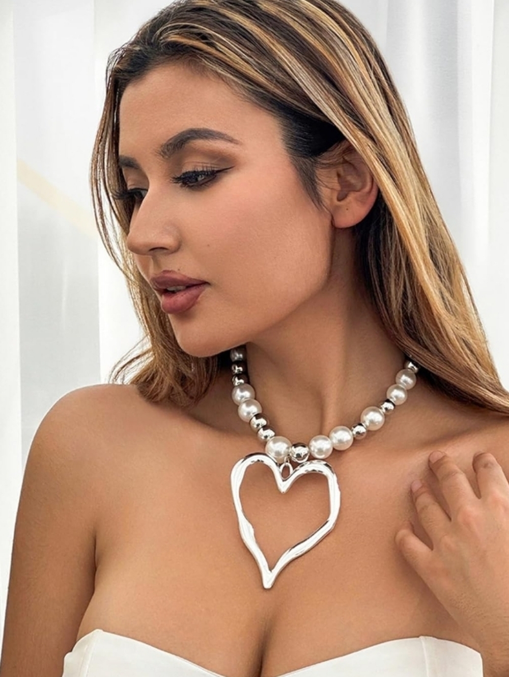Silver Pearl Heart Pendant Necklace - Women Jewelry
